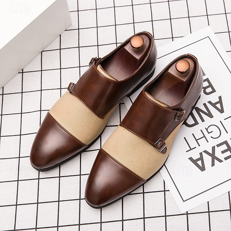 Men's Two-Tone Monk Strap Shoes in Brown and Beige, Perfect for Business and Formal Occasions4