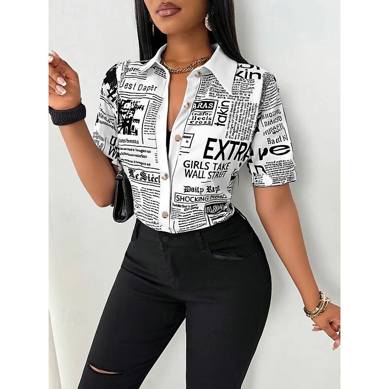 Blouse Women's Black White Pink Newspaper Buckle Printing Daily Elegant V Neck Regular Fit S