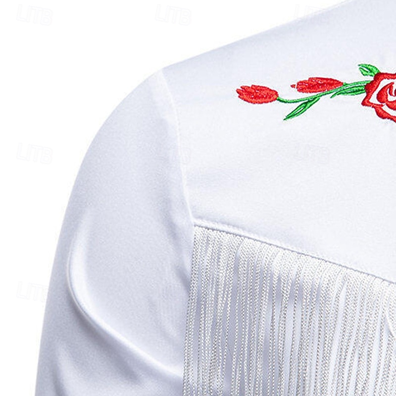 Men's Shirt Summer Shirt Casual Shirt Beach Shirt Button Up Shirt Black White Long Sleeve Floral Lapel Vacation Hawaiian Tassel Fringe Clothing Apparel Polyester Fashion Casual Comfortable4