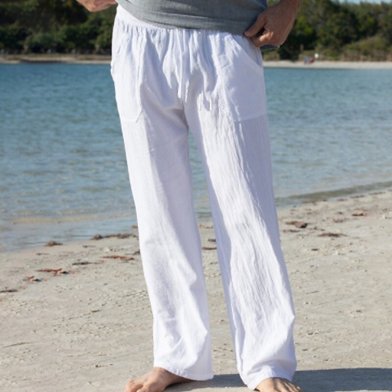 Men's Linen Pants Trousers Summer Pants Baggy Pants Beach Pants Drawstring Front Pocket Straight Leg Plain Comfort Breathable Full Length Yoga Holiday Beach Fashion Hawaiian White Navy Blue2