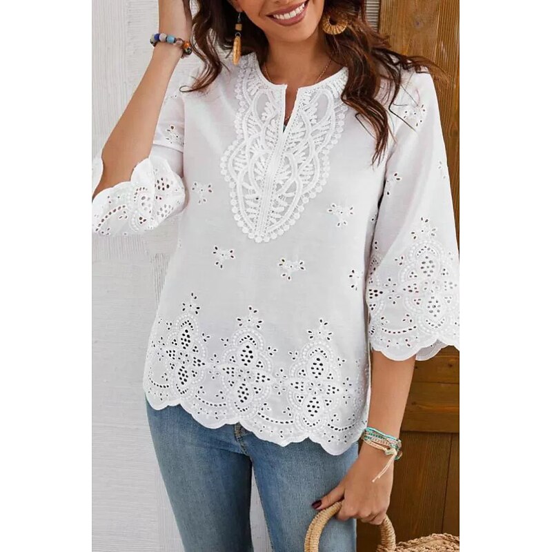 Women's Lace Shirt Blouse Plain Modern Casual 3/4 Length Sleeve V Neck Regular Tops Holiday Going out Lace Black White Summer2