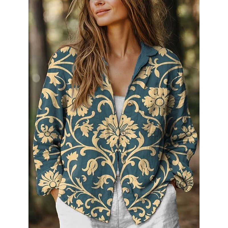 Women's Shirt Button Down Tunic Shirt Collar Long Sleeve Floral Graphic Stylish Casual Linen Like Regular Tops Daily Holiday Going out s Light Green Green Khaki Spring2