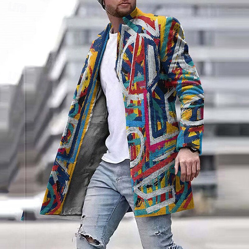 Men's Winter Coat Overcoat Coat Daily Wear Vacation With Pockets Print Front Pocket Fall & Winter Graphic Gradient Ramp Streetwear Sport Turndown Regular Regular Fit Black Red Brown Green Rainbow