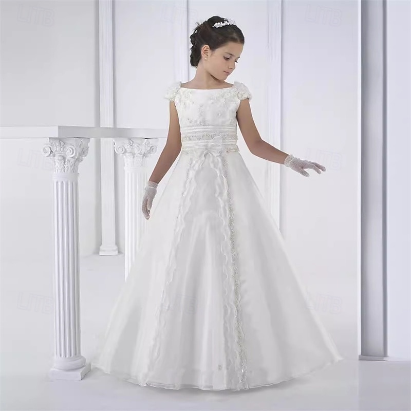 Flower Girl Dress Kid's Girls' Lace Dress Formal Dress Princess Dress First Communion Dress Performance Wedding Party Elegant Beautiful Mesh Solid Color Sleeveless Crew Neck White 4 years+2