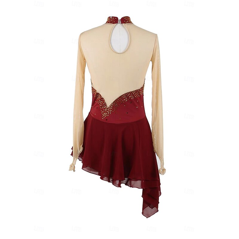 Figure Skating Dress Women's Girls' Ice Skating Dress Burgundy Patchwork Open Back Mesh Spandex Stretchy Training Practice Professional Skating Wear Thermal Warm Crystal / Rhinestone Long Sleeve Ice2