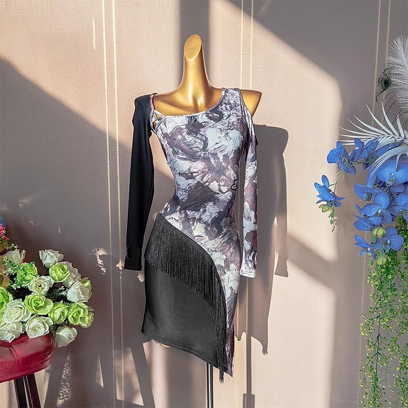 Latin Dance Dress Printing Tassel Splicing Women's Performance Training Long Sleeve Polyester4