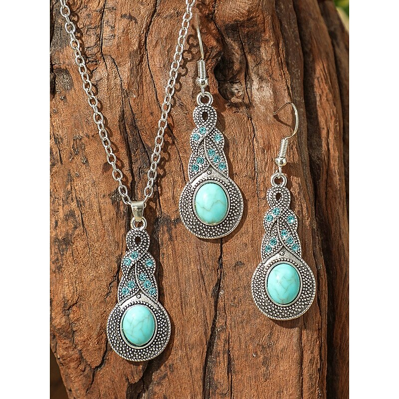 Vintage Turquoise Jewelry Set for Women – Bohemian Silver Necklace, Earrings & Bracelet, Western Cowgirl Statement Accessories for Parties & Festivals2