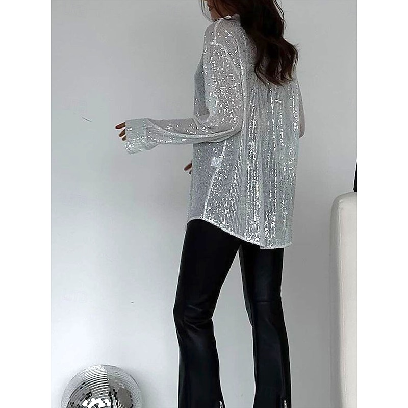 Mardi Gras Women's Going Out Tops Summer Tops Plain Fashion Hot Modern Long Sleeve Shirt Collar Regular Tops Party Evening Wear Going out Party Outfits Sequins Buttons Silver Black Summer Spring Fall2