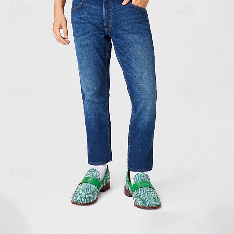 Men's Green & Beige Nylon Woven Loafers – Stylish Slip-On Dress Shoes for Weddings & Parties2