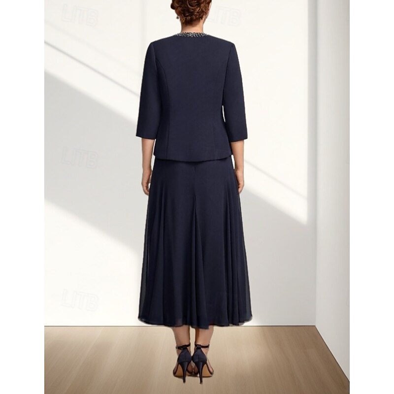 Two Piece A-Line Mother of the Bride Dress Wedding Guest Elegant Crew Neck Tea Length Chiffon 3/4 Length Sleeve with Beading Midi Dress2