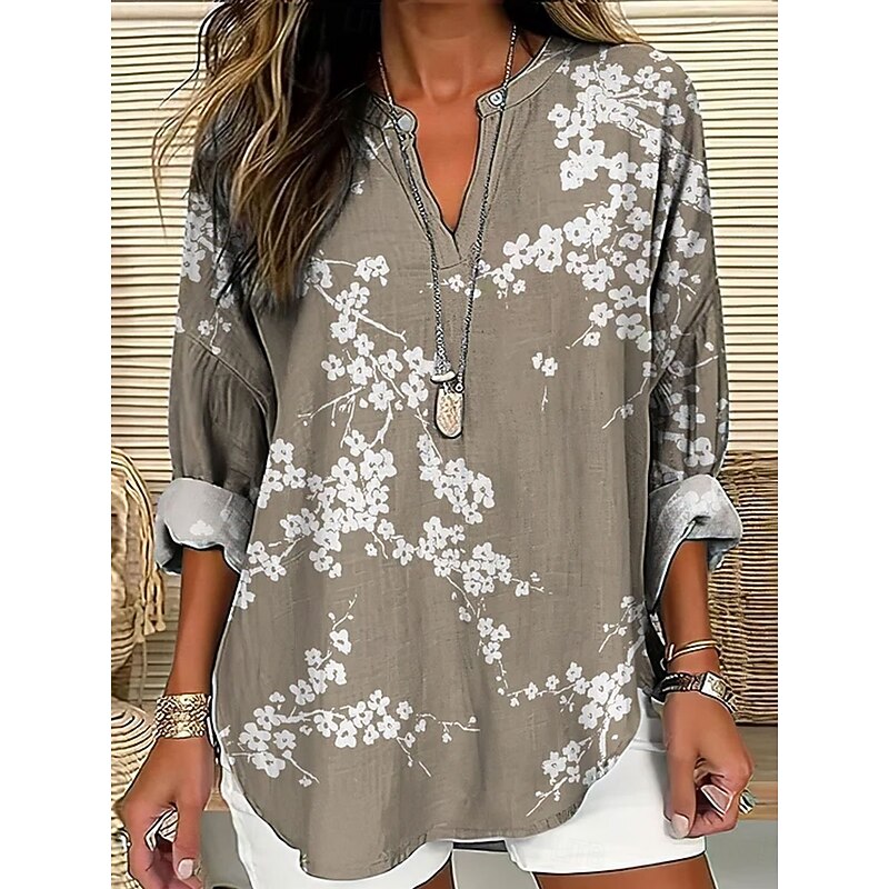 Women's Blouse Tunic V Neck Long Sleeve Boho Casual Tops Floral Graphic Vintage Tropical Regular Tops Daily Wear Print Pink Navy Blue Blue Green Khaki2