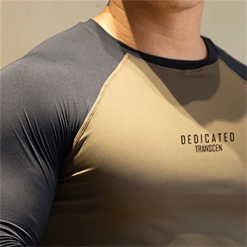 Men's Gym Shirt Compression Shirt Fitness Shirt Crew Neck Long Sleeve Casual Daily Gym Quick dry High Stretch Sweat wicking Patchwork Color Block Navy Blue Blue Hot Stamping Activewear Polyester3