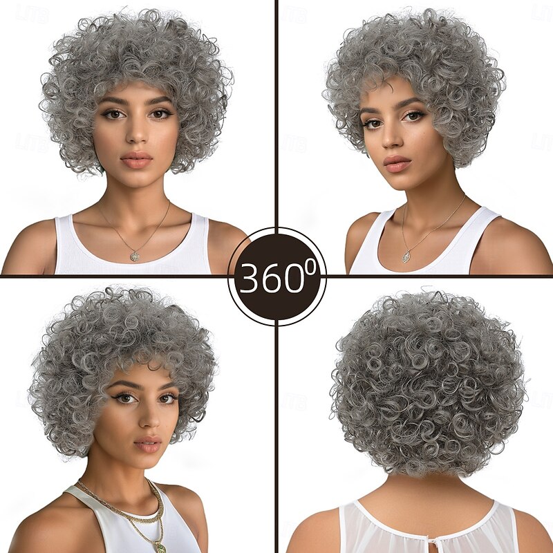 Synthetic Wig Jerry Curl Water Wave Asymmetrical With Bangs Machine Made Wig 12 inch A1 Synthetic Hair Women's Classic Adorable Comfortable Gray4