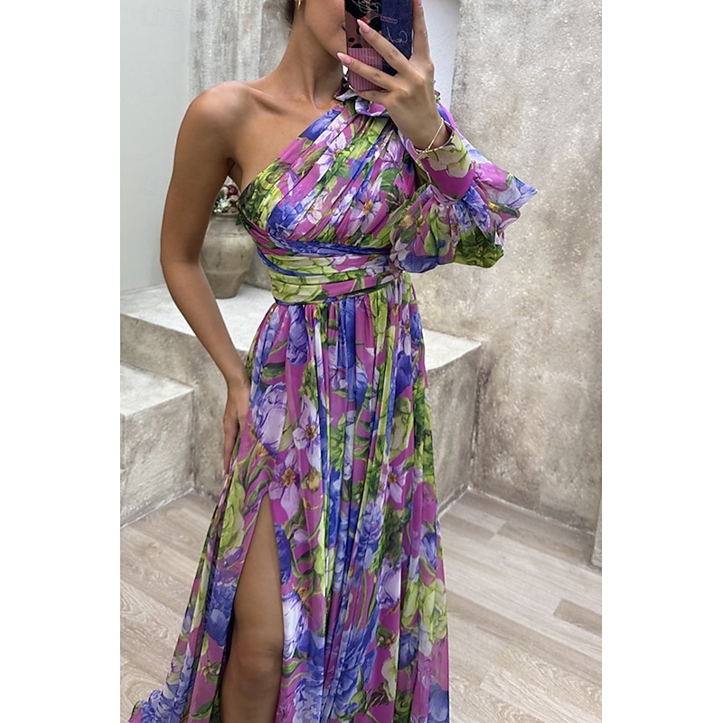 Women's Long Dress Maxi Dress Prom Dress Party Dress Print Dress Elegant Fashion Party Special Occasion Regular Fit Flower Long Sleeve One Shoulder Yellow Purple Green Summer4