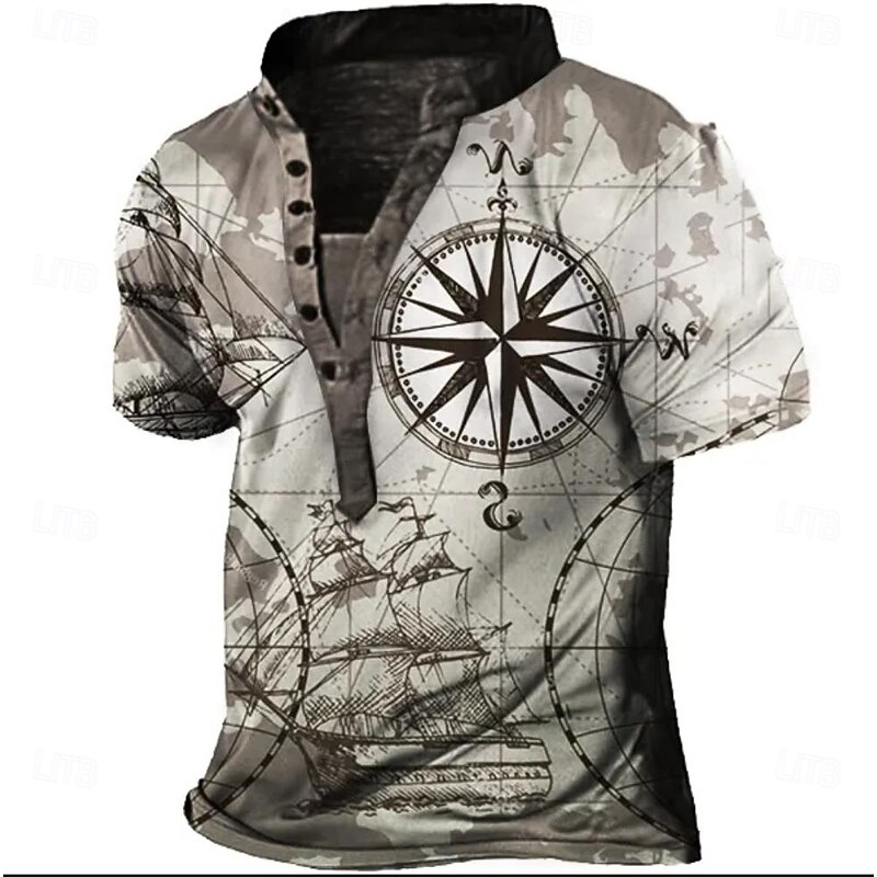 Men's Compass T Shirt Henley Shirt Tee Short Sleeve Designer Vintage Style Basic Daily Summer Blue Light Gray Khaki Henley Henley T-Shirt