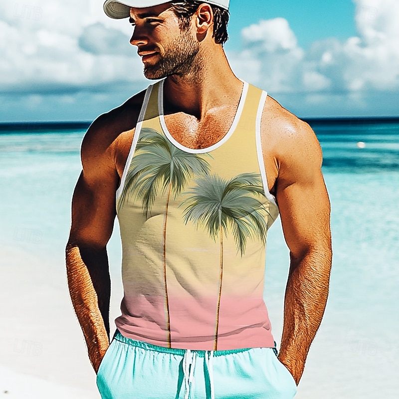 Men's Coconut Palm T Shirt Vest Top Sleeveless T shirt 3D Print Crew Neck Shirt Vacation Casual Hawaiian Holiday Yellow Blue Green Summer Spring Clothing Apparel S M L XL XXL XXXL