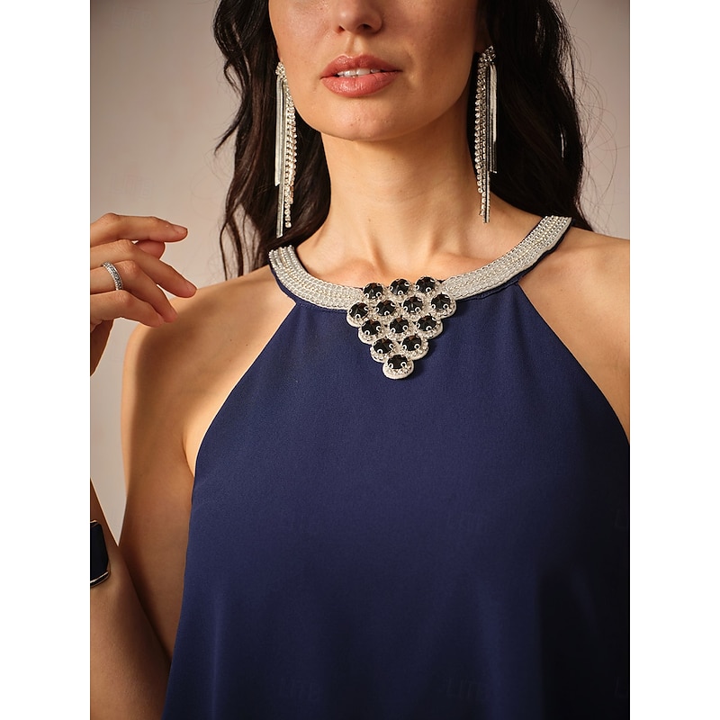 Women's Knee Length Dress Chiffon Dress Elegant Stylish Flowy Party Date Regular Fit Solid Color Sleeveless Halter Neck Navy Blue Summer2