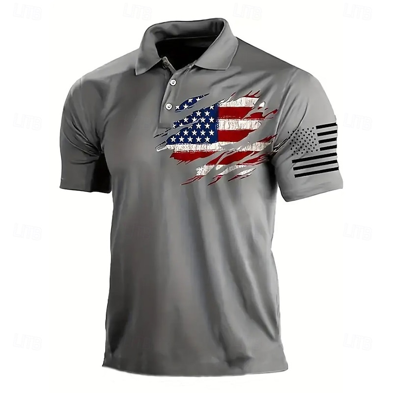 American Independence Day Men's American US Flag Polo Short Sleeve Polo Shirts Collared Shirts Vintage Casual Outdoor Daily Wear Festival Outfit 3D Print Summer Spring Fall Red Dark Blue Gray2