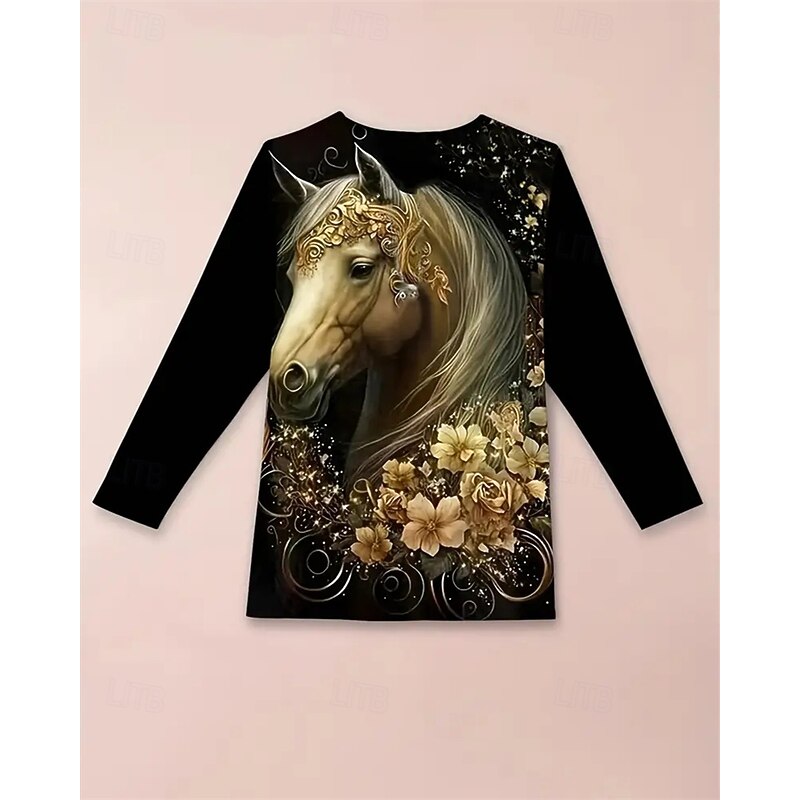 Girls' 3D Horse T shirt Tee Long Sleeve Spring Fall Fashion Basic Kids 4-12 Years Crew Neck Outdoor Casual Daily Regular Fit3