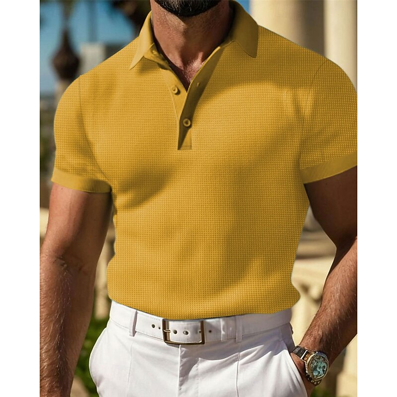 Men's Waffle Polo Shirts Golf Shirt Work Casual Lapel Short Sleeve Basic Modern Plain Buttons Summer Spring Regular Fit Black White Yellow Red Light Grey Light Blue Waffle Polo Shirts3
