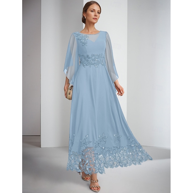 A-Line Dress Mother of the Bride Dress Elegant Sparkle & Shine Jewel Neck Ankle Length Chiffon Long Sleeve with Lace Embroidery Solid Color