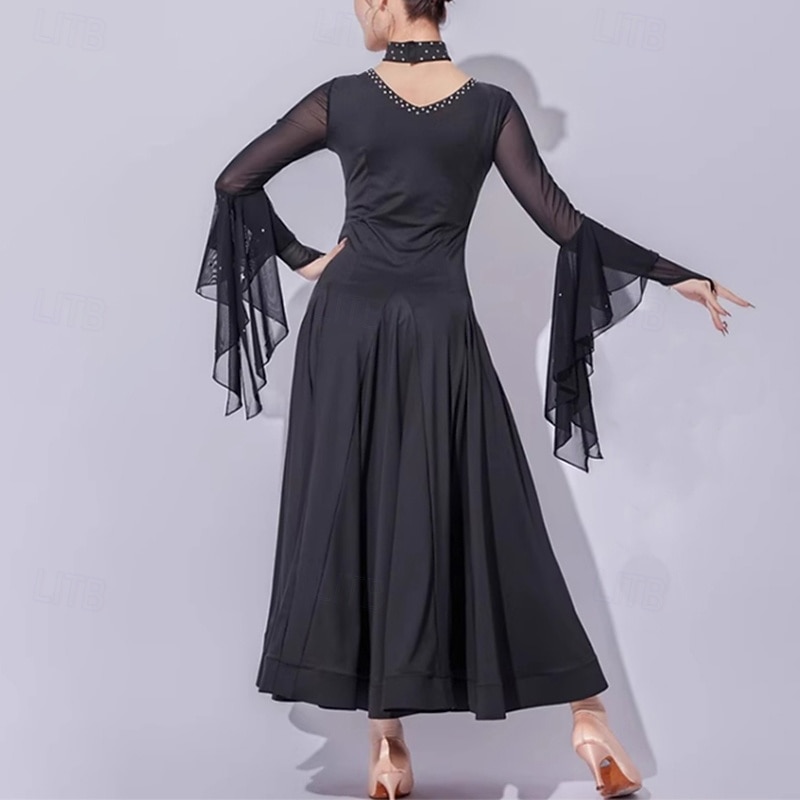 Ballroom Dance Dress Crystal / Rhinestone Splicing Women's Performance Training Long Sleeve Mesh Milk Fiber2