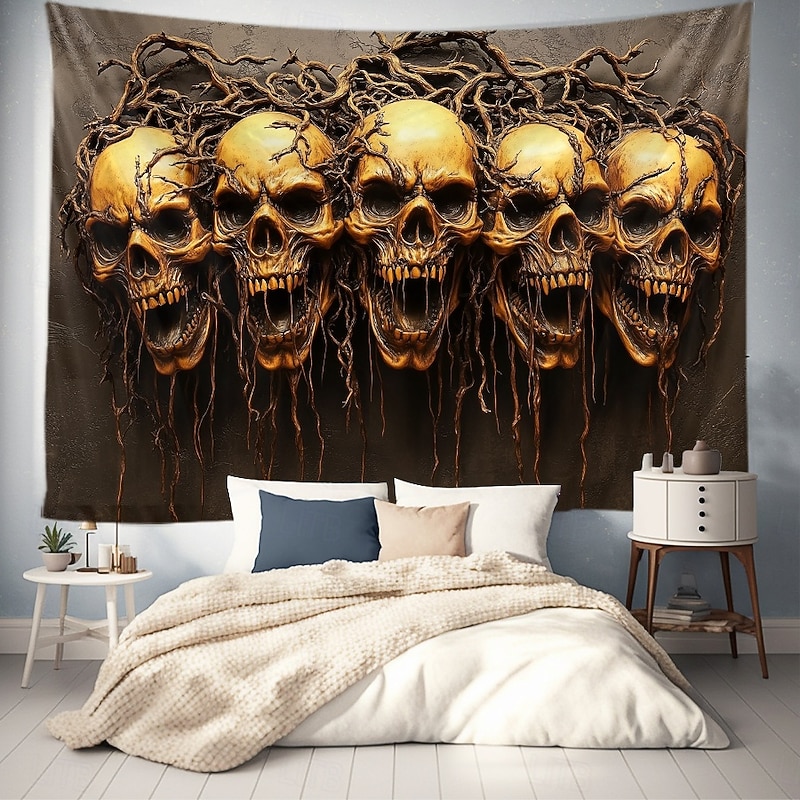 Halloween Trippy Skulls Hanging Tapestry Wall Art Large Tapestry Mural Decor Photograph Backdrop Blanket Curtain Home Bedroom Living Room Decoration2
