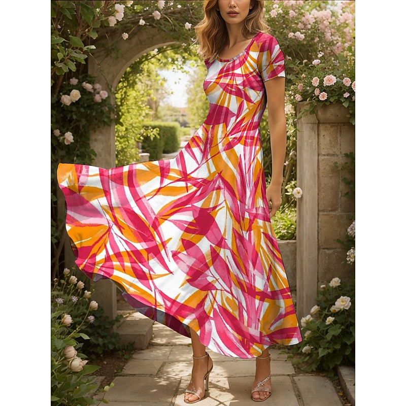Women's Maxi Dress Casual Dress A Line Dress Summer Dress Vacation Vintage Ethnic Regular Fit Graphic Leaf Geometric Short Sleeve Square Neck Yellow Red Blue Purple Summer Spring4