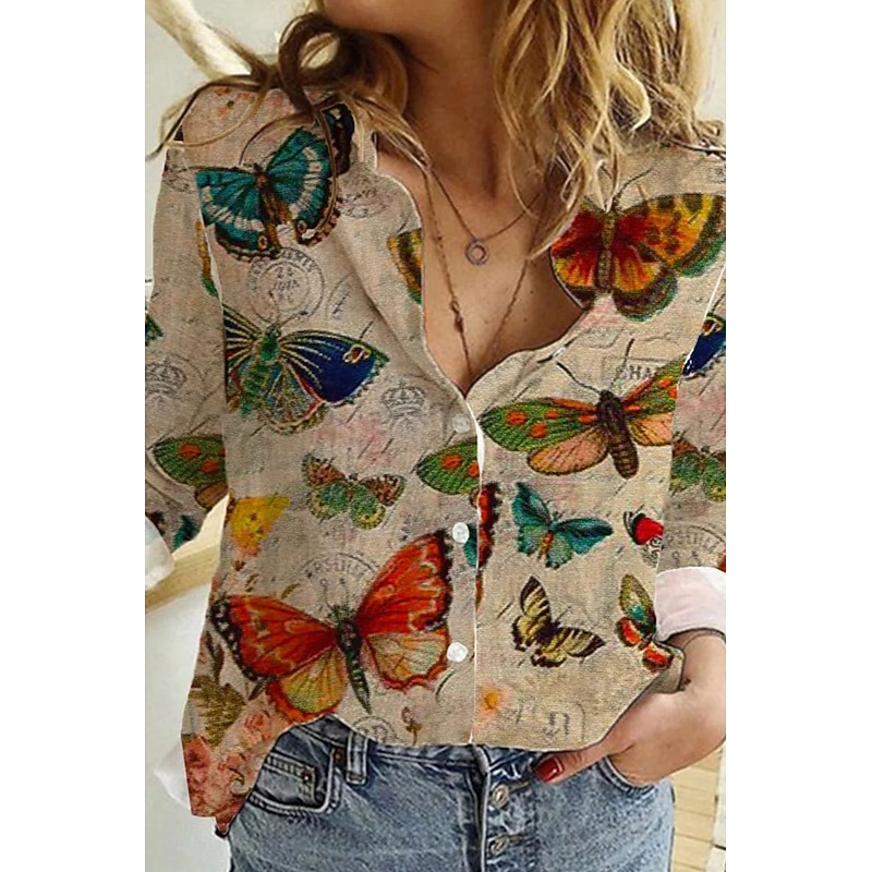 Women's Shirt Blouse Butterfly Flower Modern Casual Long Sleeve Shirt Collar Regular Tops Holiday Going out Buttons Print White Blue Khaki Beige Light Blue Summer2