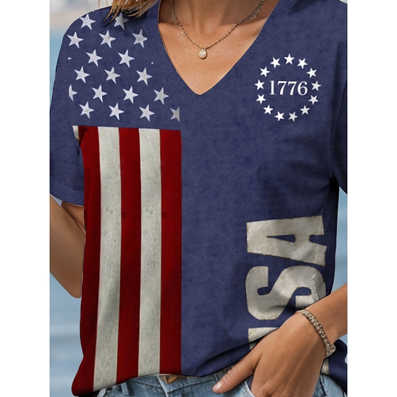 Independence Day Women's T Shirt Graphic Flag Letter Casual Short Sleeve V Neck Regular Tops Daily Print Black Blue Brown Summer Spring3