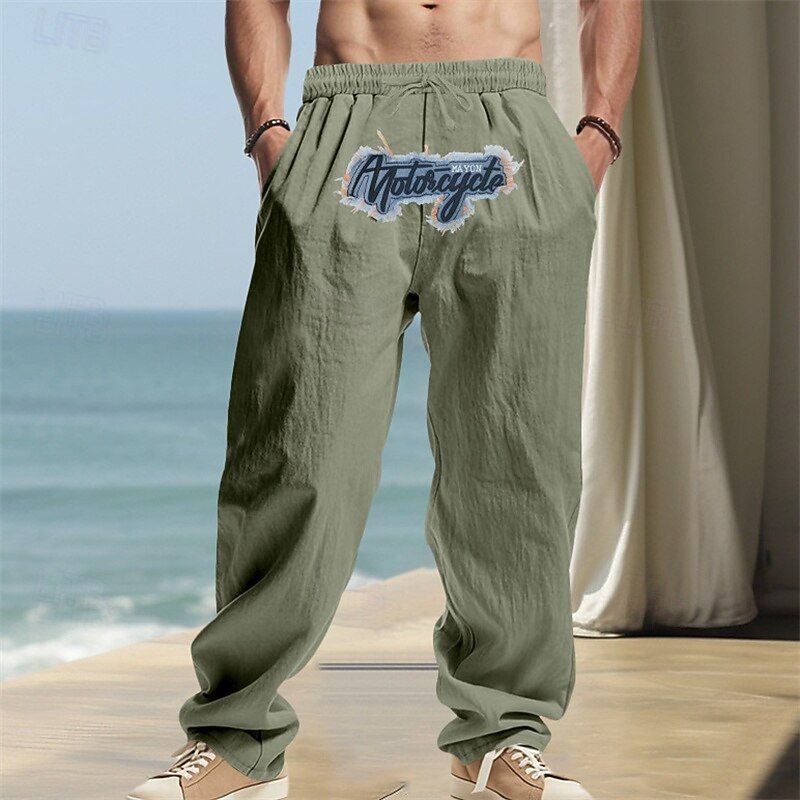 Men's Linen Pants Trousers Summer Pants Beach Pants Embroidered Drawstring Straight Leg Plain Comfort Breathable Full Length Casual Daily Holiday Fashion Hip-Hop Black White4