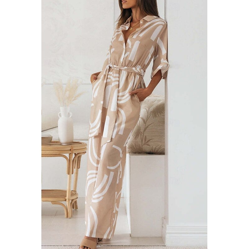 Women's Normal Jumpsuit Stylish Floral Half Sleeve Shirt Collar Print Street Holiday Regular Fit Khaki Summer3