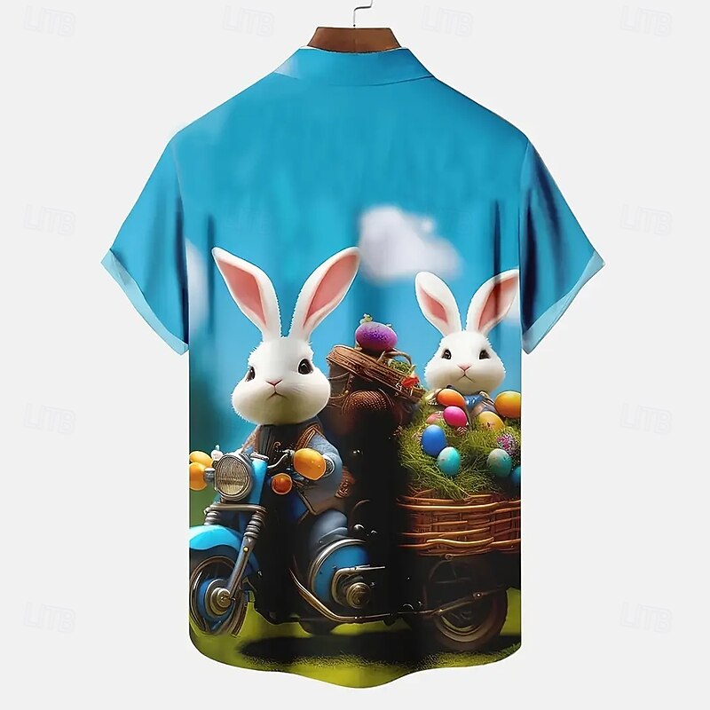 Easter Men's Bunny Easter Egg Shirt Casual Shirt Button Up Shirt Short Sleeve Army Militray Vacation Holiday Festival Summer Spring Turndown 3D Print Collared Shirts Blue2