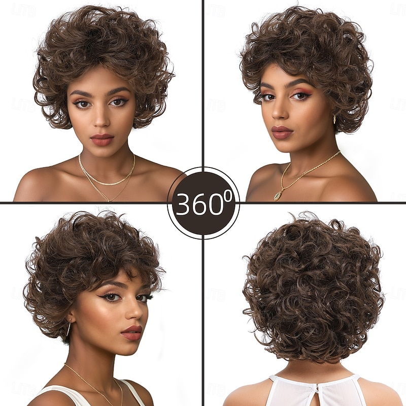Synthetic Wig Curly Weave Tight Curl Layered Haircut With Bangs Machine Made Wig 12 inch A1 Synthetic Hair Women's Elastic Cool Classic Light Brown3