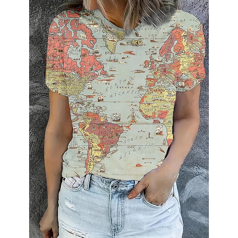 Women's T Shirt Summer Tops Graphic Map Classic Casual Short Sleeve Crew Neck Crop Tops Daily Weekend Print Rainbow Summer Spring Fall
