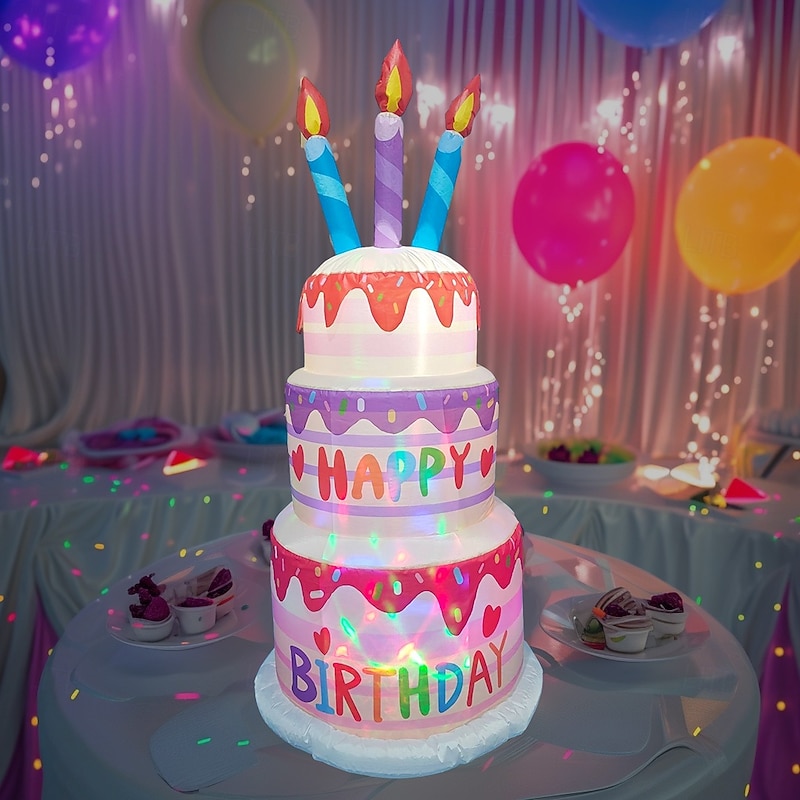 1.8m Three-Layer Birthday Cake With Candles Inflatable Air Model With Lights Courtyard Garden Indoor And Outdoor Lawn Birthday Celebration Party Dining Atmosphere Decorative Lights Eu/Au/Us/Uk2