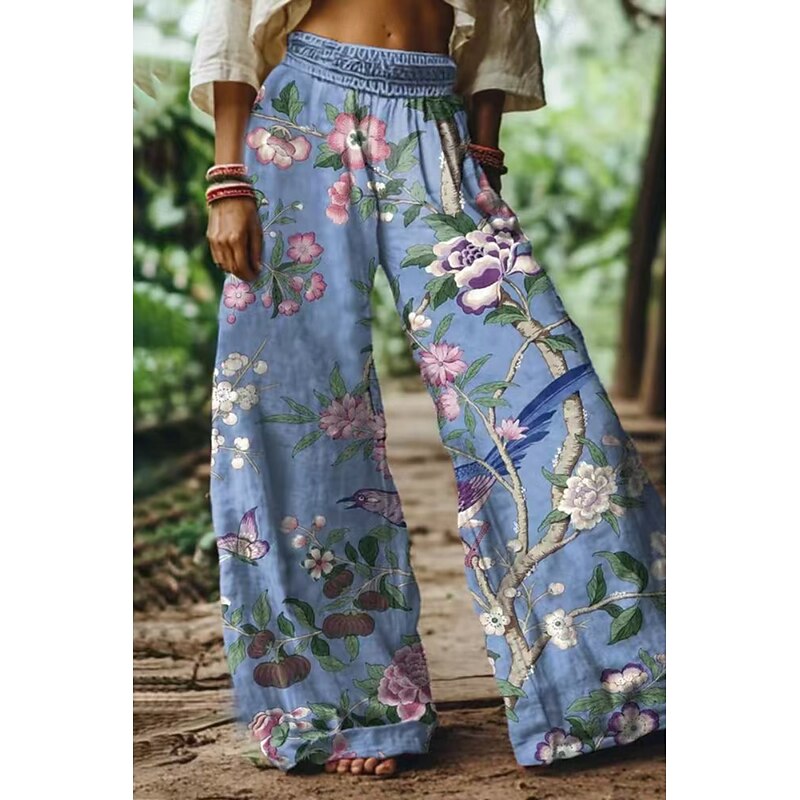 Women's Cotton Linen Pants Slacks Streetwear Casual Full Length Natural Flower Printing Outdoor Comfortable Street Going out Lake Blue Pink Blue Pale Pink Summer Regular Fit