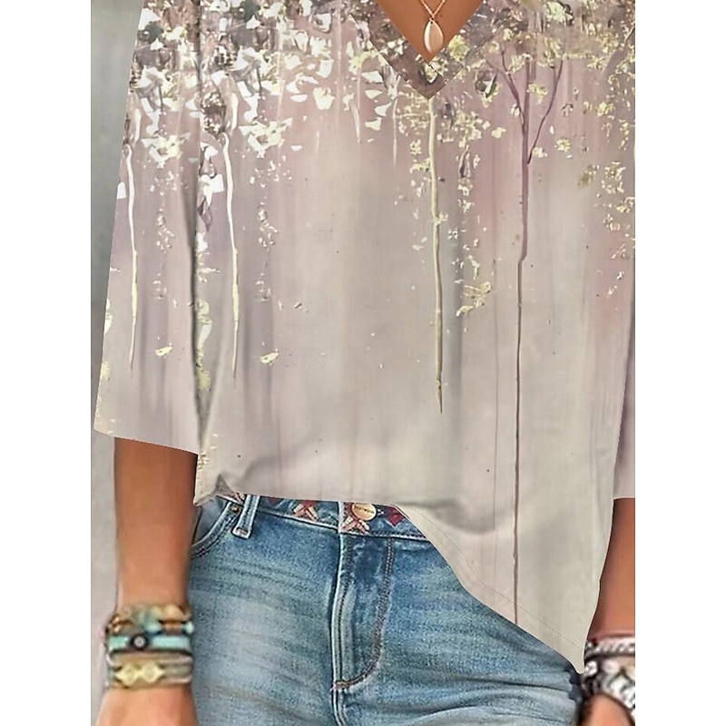 Women's Blouse Button Down Ombre Floral Graphic Stylish Beach Short Sleeve V Neck Regular Tops Daily Print Khaki Summer Spring3