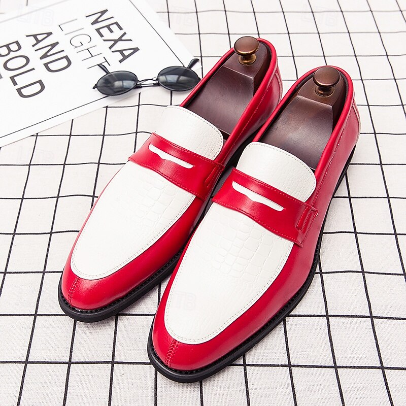 Red and White Faux Leather Loafers for Men - Stylish Two-Tone Dress Shoes for Business and Special Events3