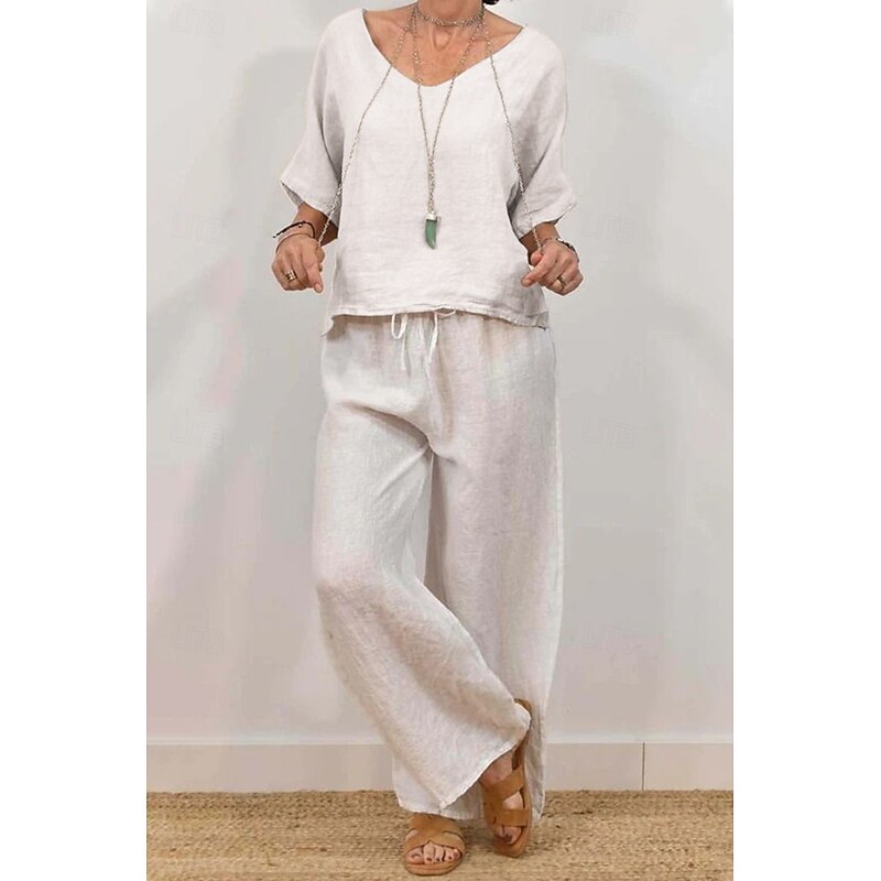 Women's Active Basic Shirt Linen-Inspired Sets Two Piece Sets Half Sleeve V Neck Solid Color Drawstring Holiday Casual Daily Black Pink Green Summer Regular Fit