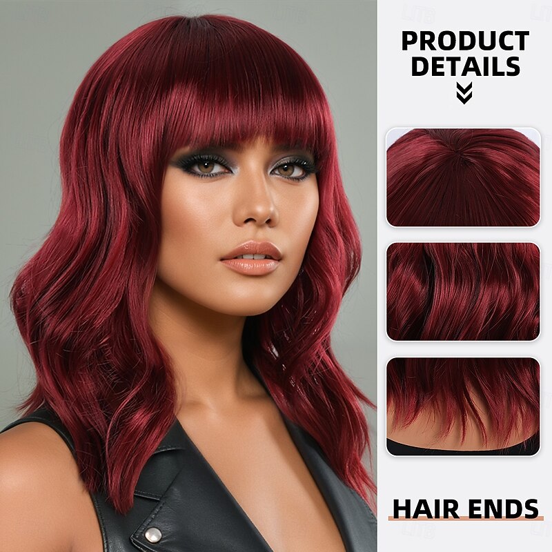 Synthetic Wig Wavy Water Wave Asymmetrical Neat Bang Machine Made Wig 16 inch A1 Synthetic Hair Women's Comfortable Color Gradient Highlighted / Balayage Hair Burgundy