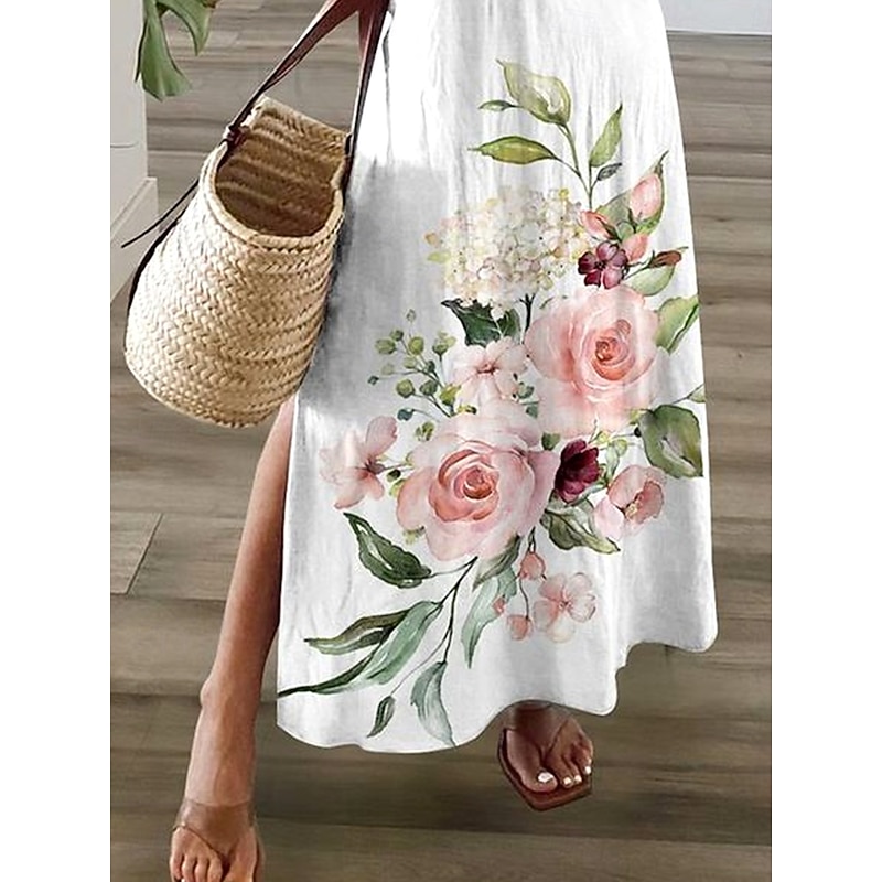 Women's Maxi Dress T Shirt Dress Tee Dress Sundress Shift Dress Summer Dress Bohemia Party Holiday Beach Regular Fit Floral Vintage Short Sleeve Crew Neck White Summer Spring3