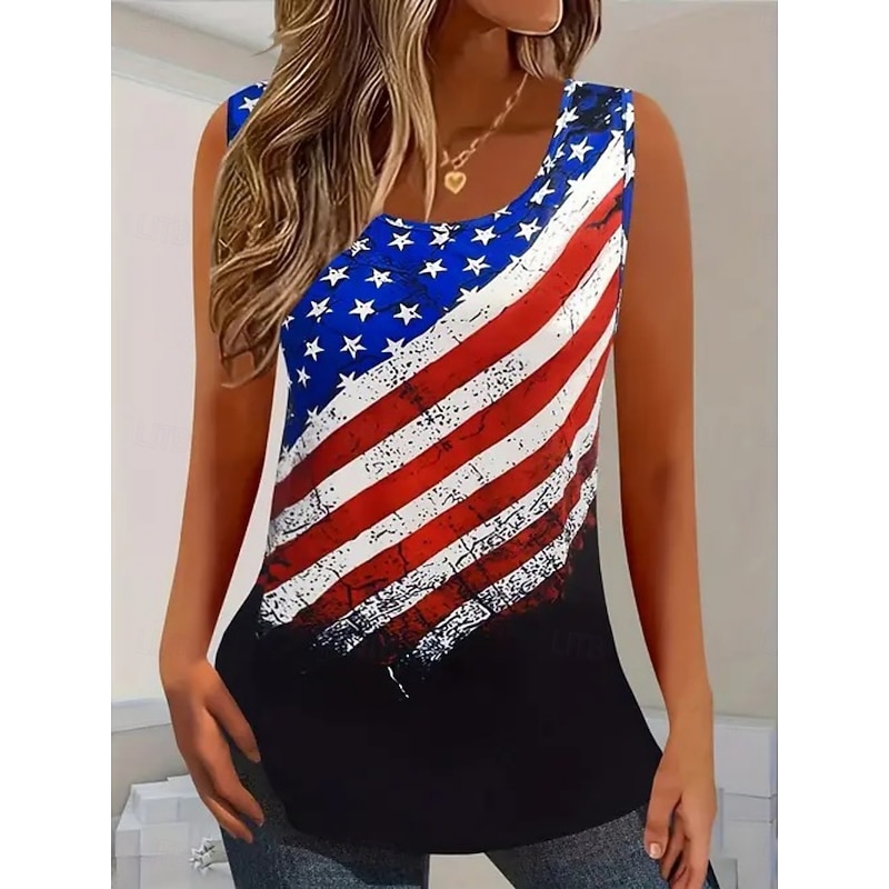 Women's Tank Top Flag Western Ethnic Sleeveless Crew Neck Regular Tops Daily Holiday Print Red Navy Blue Summer