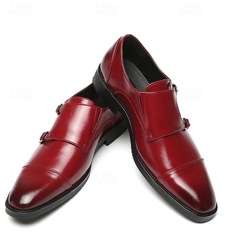 Men's Burgundy Double Monk Strap Faux Leather Shoes - Elegant Slip-On Dress Shoes for Weddings & Formal Occasions4
