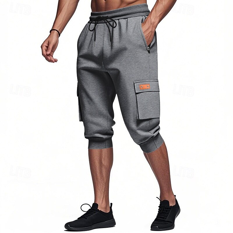Men's Capri Cargo Shorts Sweat Shorts Shorts Running Shorts Casual Shorts Drawstring Elastic Waist Multi Pocket Plain Comfort Breathable Calf-Length Daily Running Gym Casual Athleisure Black Khaki2