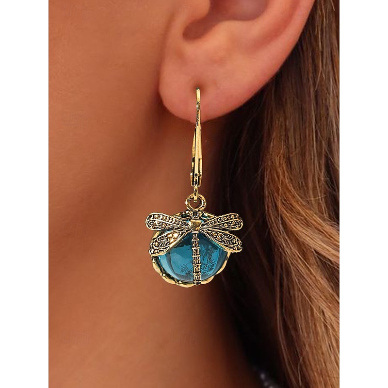 Intage Dragonfly Dangle Earrings for Women – Gold Plated Boho Drop Earrings with Blue Glass Beads, Nature-Inspired Jewelry for Casual, Party and Gift Occasions