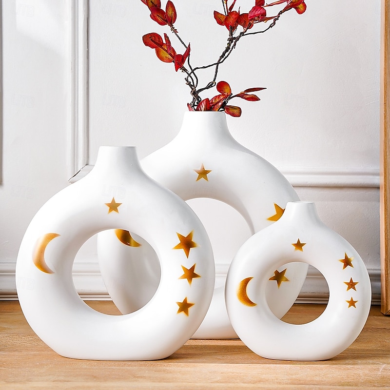 White Circular Resin Vase with Gold Star and Moon Accents – Islamic Festival Centerpiece for Ramadan, Eid, and Home Decor – Elegant Flower Holder for