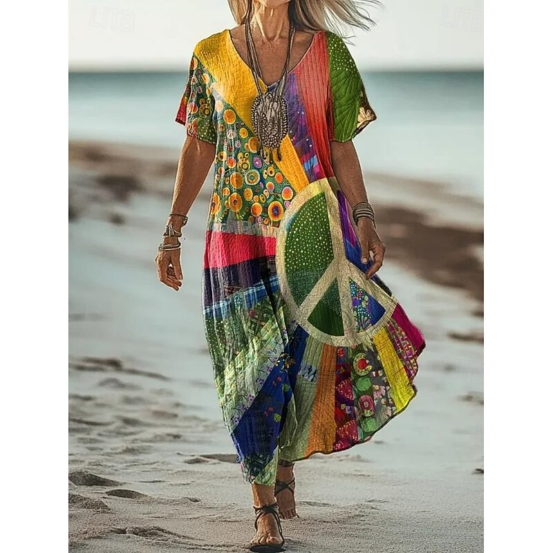 Women's Maxi Dress A Line Dress Casual Dress Sundress A Line Dress Summer Dress Bohemia Vacation Vintage Daily Regular Fit Ombre Graphic Geometric Short Sleeve V Neck Blue Purple Green Rainbow Summer