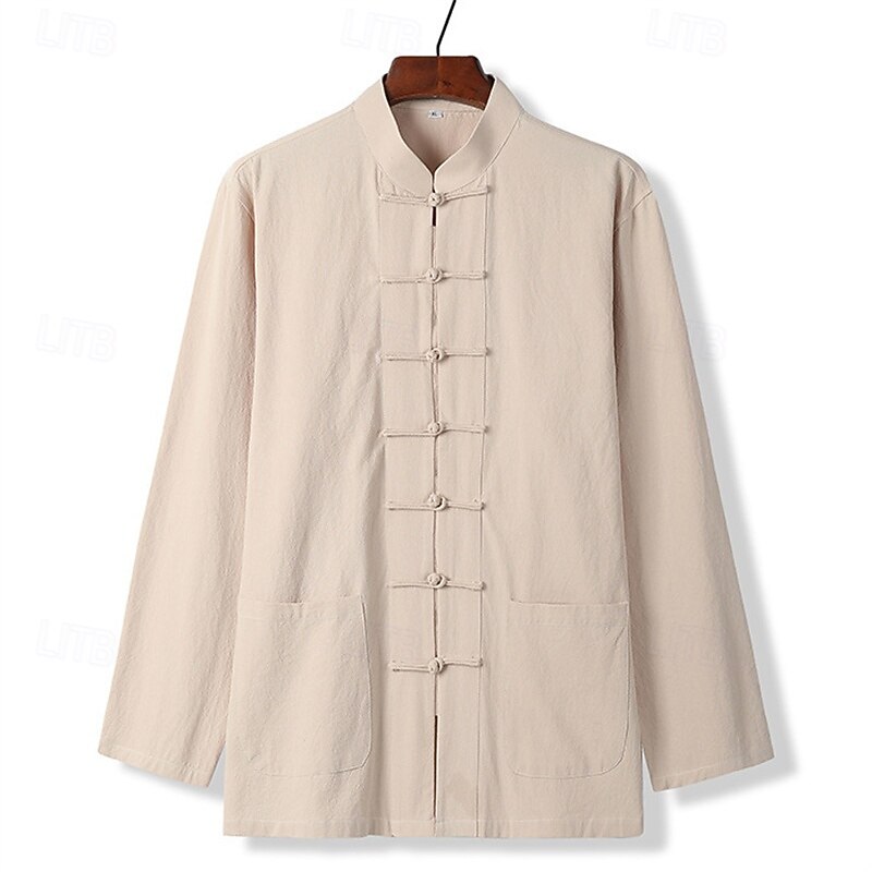 Men's Shirt Linen Shirt Casual Shirt Button Up Shirt Cotton Shirt Plain Vacation Hawaiian Black White Navy Blue Dark Green Long Sleeve Stand Collar Spring &  Fall Clothing Apparel Button-Down