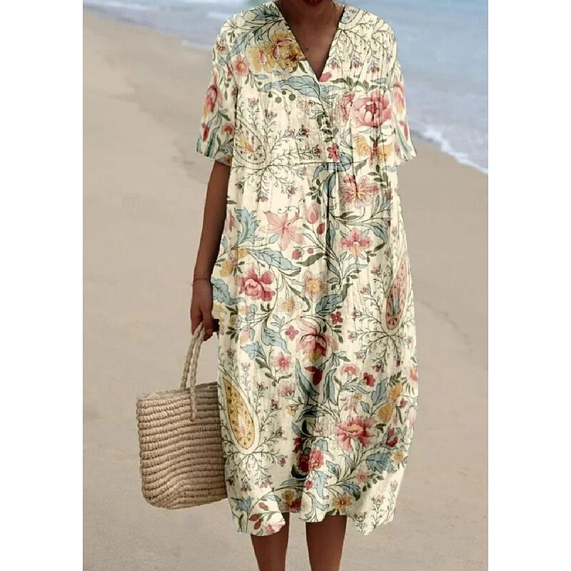 Women's Midi Dress Sundress A Line Dress Linen Vacation linen like Casual Beach Going out Loose Fit Floral Graphic Short Sleeve V Neck Light Yellow Light Green Light Purple